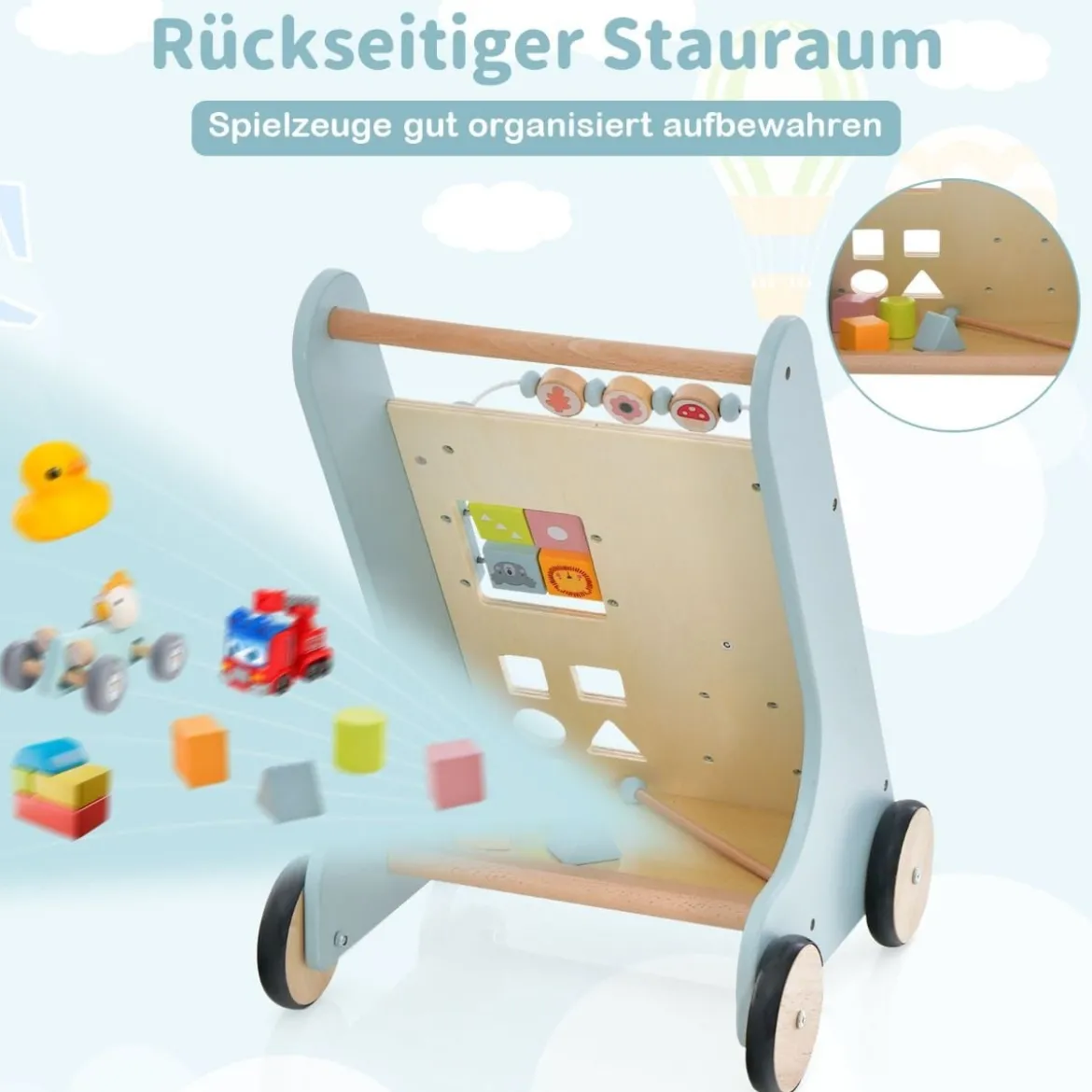 Holz Baby Lauflernhilfe mit Xylophon & umklappbaren Klötzen Griffbereite Schiebewagen-Spielzeug für Kinder ab 10 Monaten