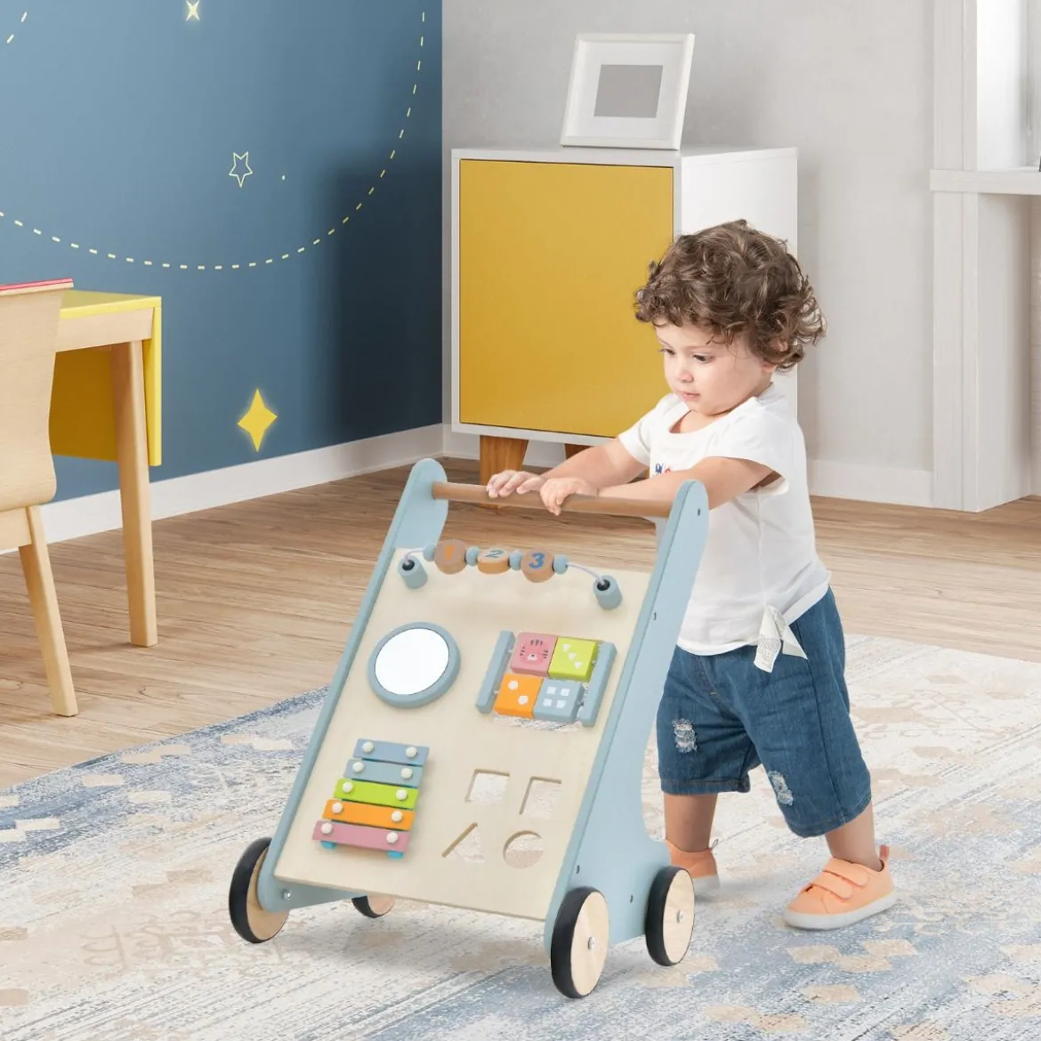 Holz Baby Lauflernhilfe mit Xylophon & umklappbaren Klötzen Griffbereite Schiebewagen-Spielzeug für Kinder ab 10 Monaten