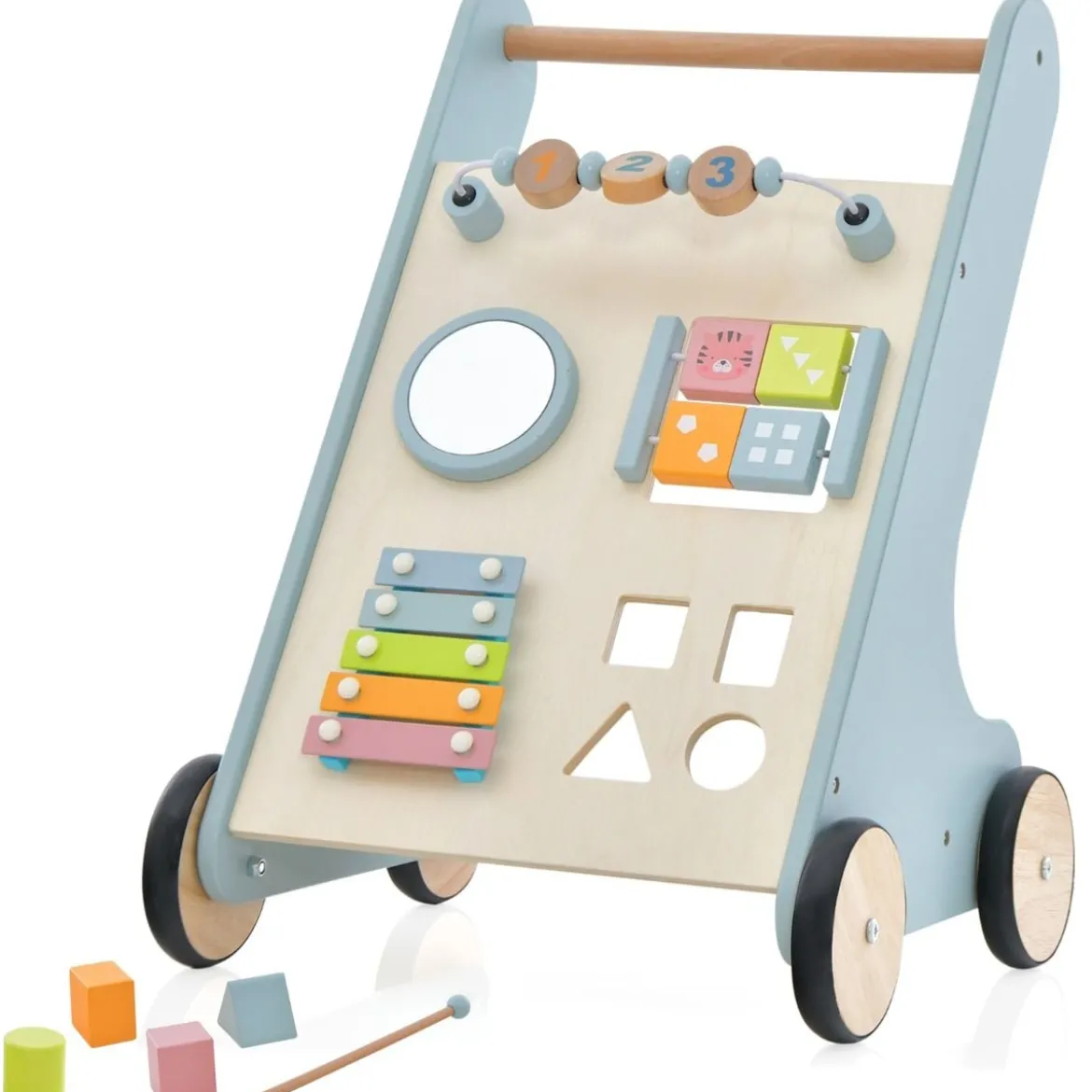 Holz Baby Lauflernhilfe mit Xylophon & umklappbaren Klötzen Griffbereite Schiebewagen-Spielzeug für Kinder ab 10 Monaten