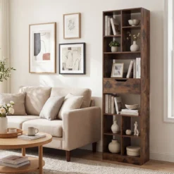 Holz Bücherregal mit 10 Fächern & 1 Schubladen Standregal mit Kippschutz-Set 50 x 24 x 180 cm Braun