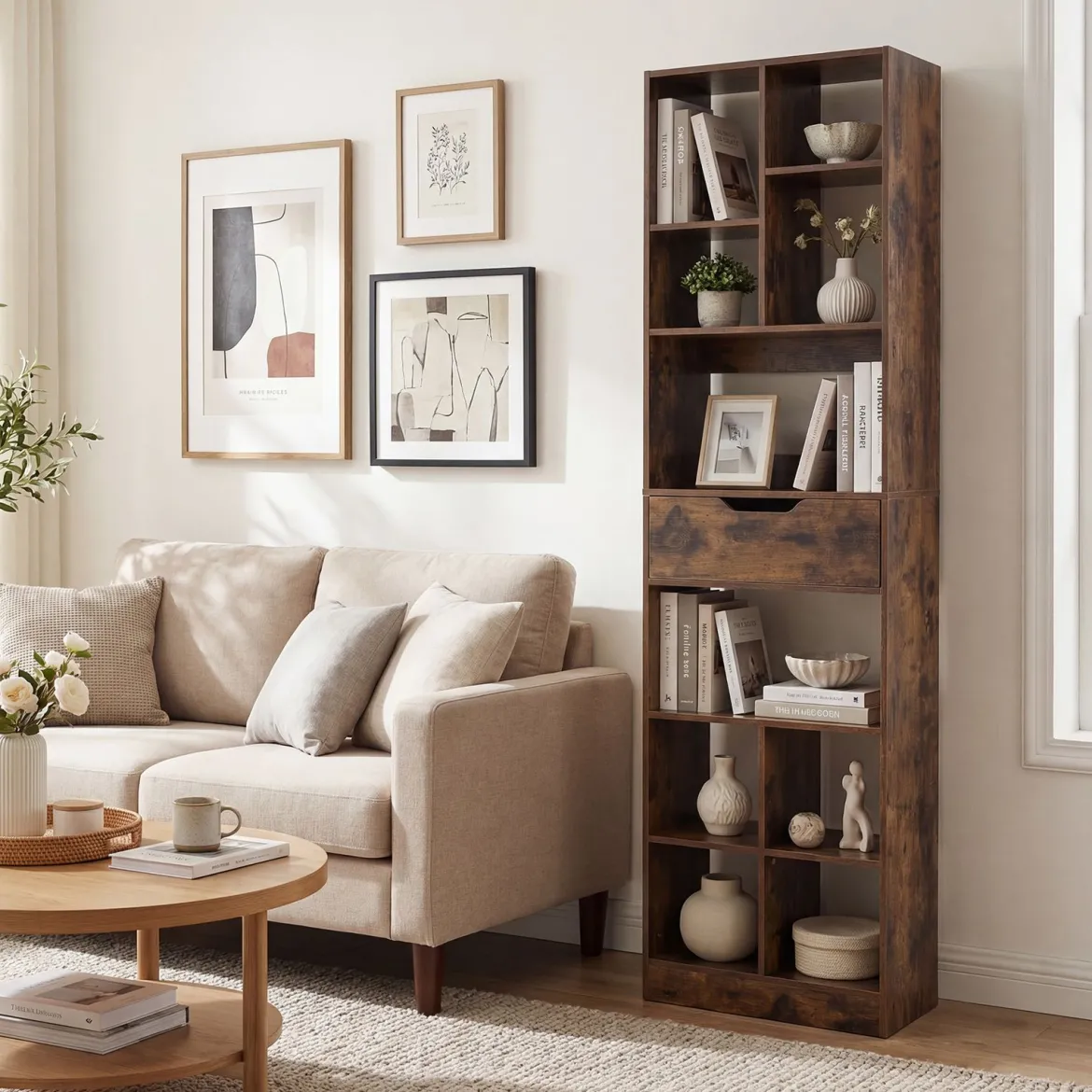 Holz Bücherregal mit 10 Fächern & 1 Schubladen Standregal mit Kippschutz-Set 50 x 24 x 180 cm Braun