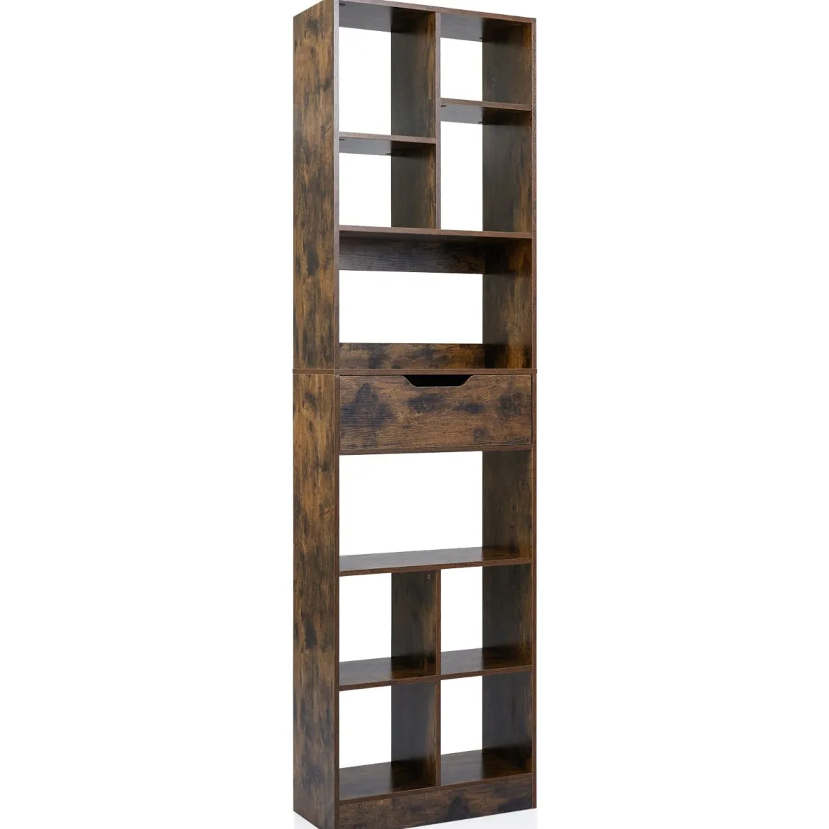 Holz Bücherregal mit 10 Fächern & 1 Schubladen Standregal mit Kippschutz-Set 50 x 24 x 180 cm Braun