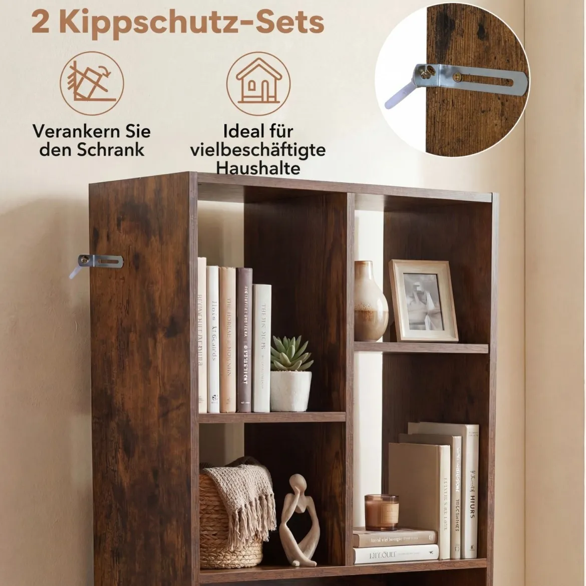 Holz Bücherregal mit 10 Fächern & 1 Schubladen Standregal mit Kippschutz-Set 50 x 24 x 180 cm Braun