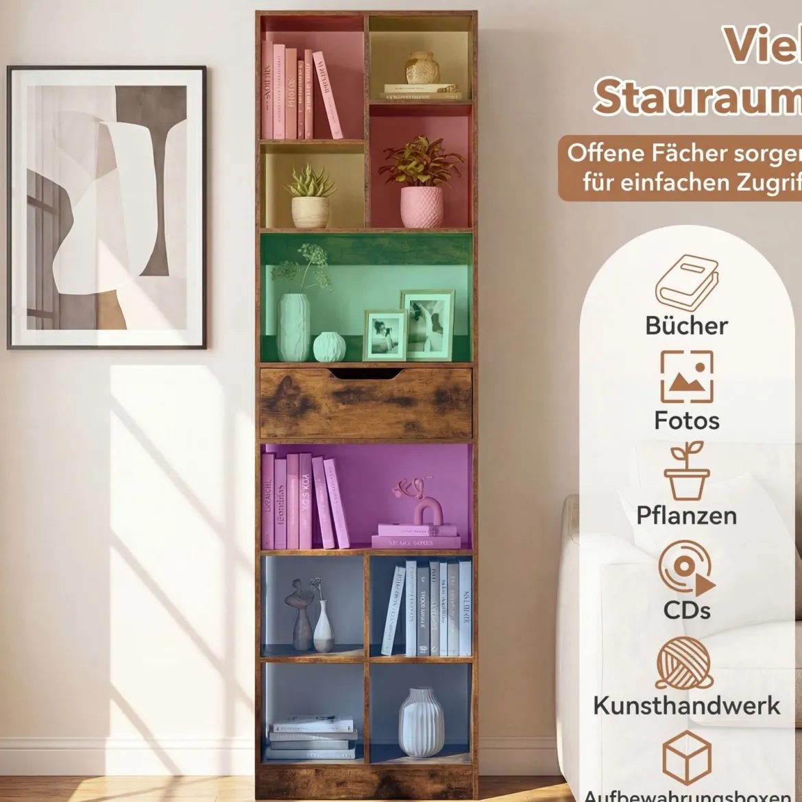 Holz Bücherregal mit 10 Fächern & 1 Schubladen Standregal mit Kippschutz-Set 50 x 24 x 180 cm Braun