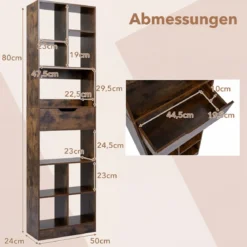 Holz Bücherregal mit 10 Fächern & 1 Schubladen Standregal mit Kippschutz-Set 50 x 24 x 180 cm Braun