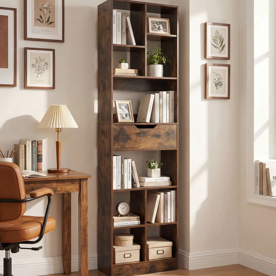 Holz Bücherregal mit 10 Fächern & 1 Schubladen Standregal mit Kippschutz-Set 50 x 24 x 180 cm Braun
