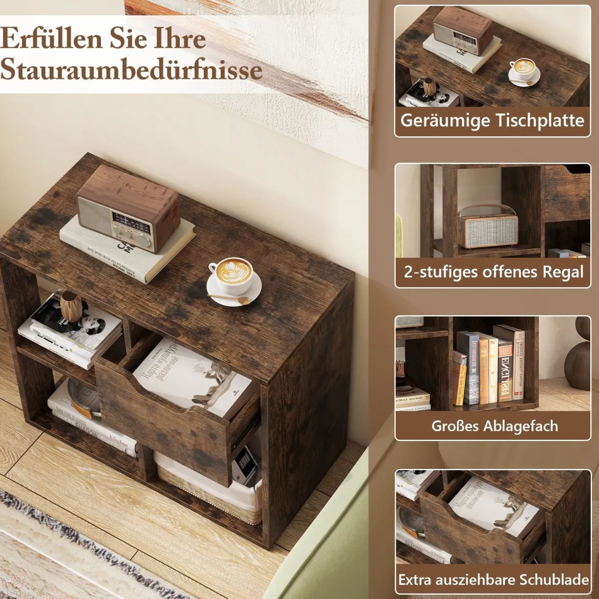Holz Bücherregal mit Schublade & 3 Fächern Würfelregal Büroregal Raumteiler Standregal Braun
