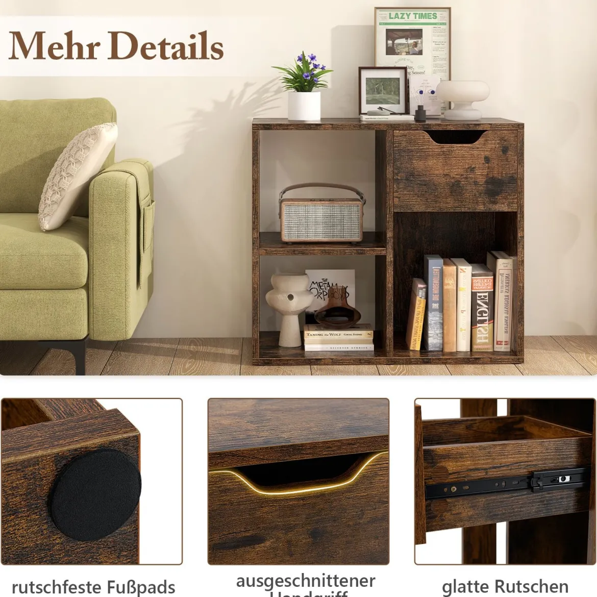 Holz Bücherregal mit Schublade & 3 Fächern Würfelregal Büroregal Raumteiler Standregal Braun