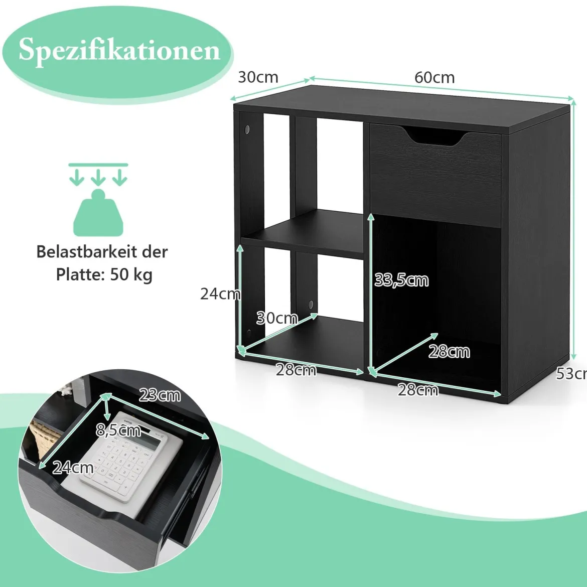 Holz Bücherregal mit Schublade & 3 Fächern Würfelregal Büroregal Raumteiler Standregal Schwarz