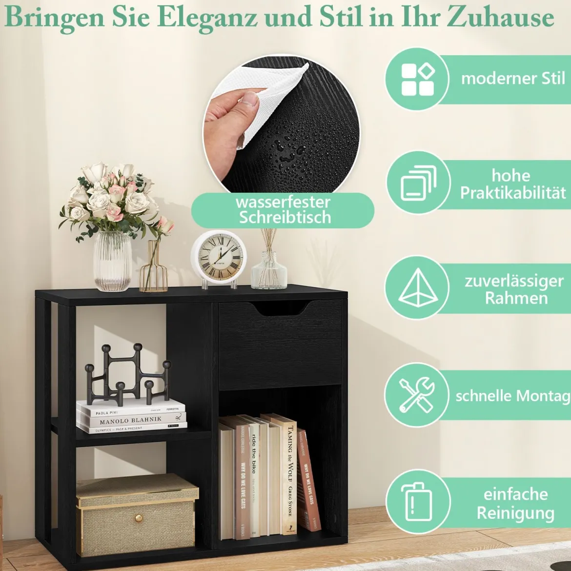 Holz Bücherregal mit Schublade & 3 Fächern Würfelregal Büroregal Raumteiler Standregal Schwarz