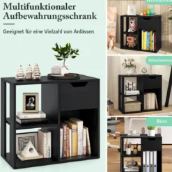 Holz Bücherregal mit Schublade & 3 Fächern Würfelregal Büroregal Raumteiler Standregal Schwarz