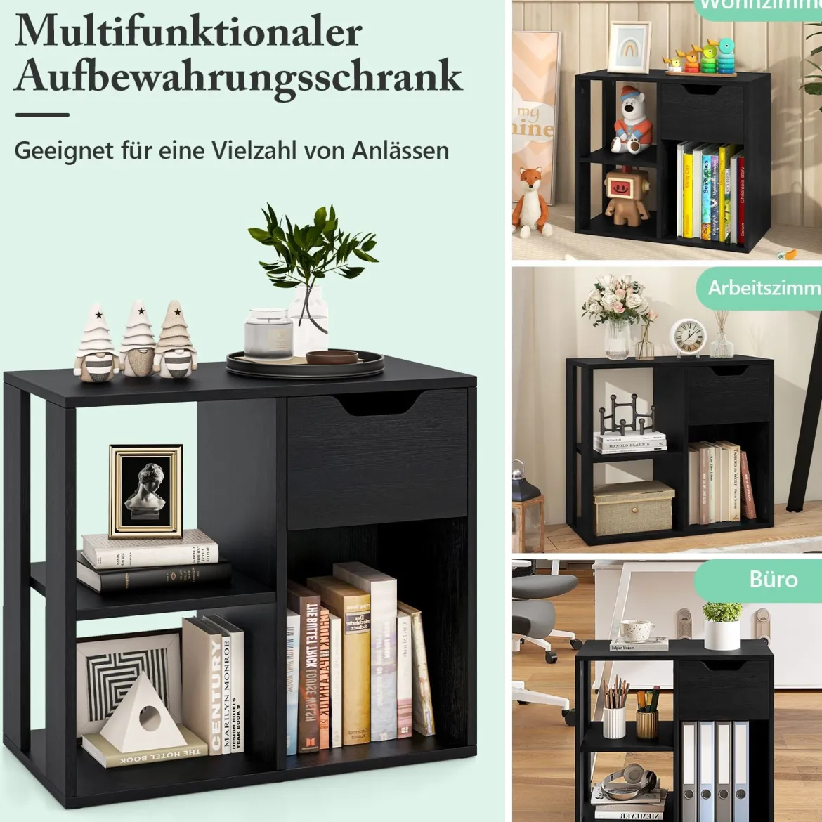 Holz Bücherregal mit Schublade & 3 Fächern Würfelregal Büroregal Raumteiler Standregal Schwarz