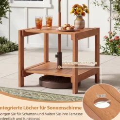 Holz Beistelltisch mit Schirmloch & Ablagefach Wetterfester Gartentisch Kleiner Balkontisch