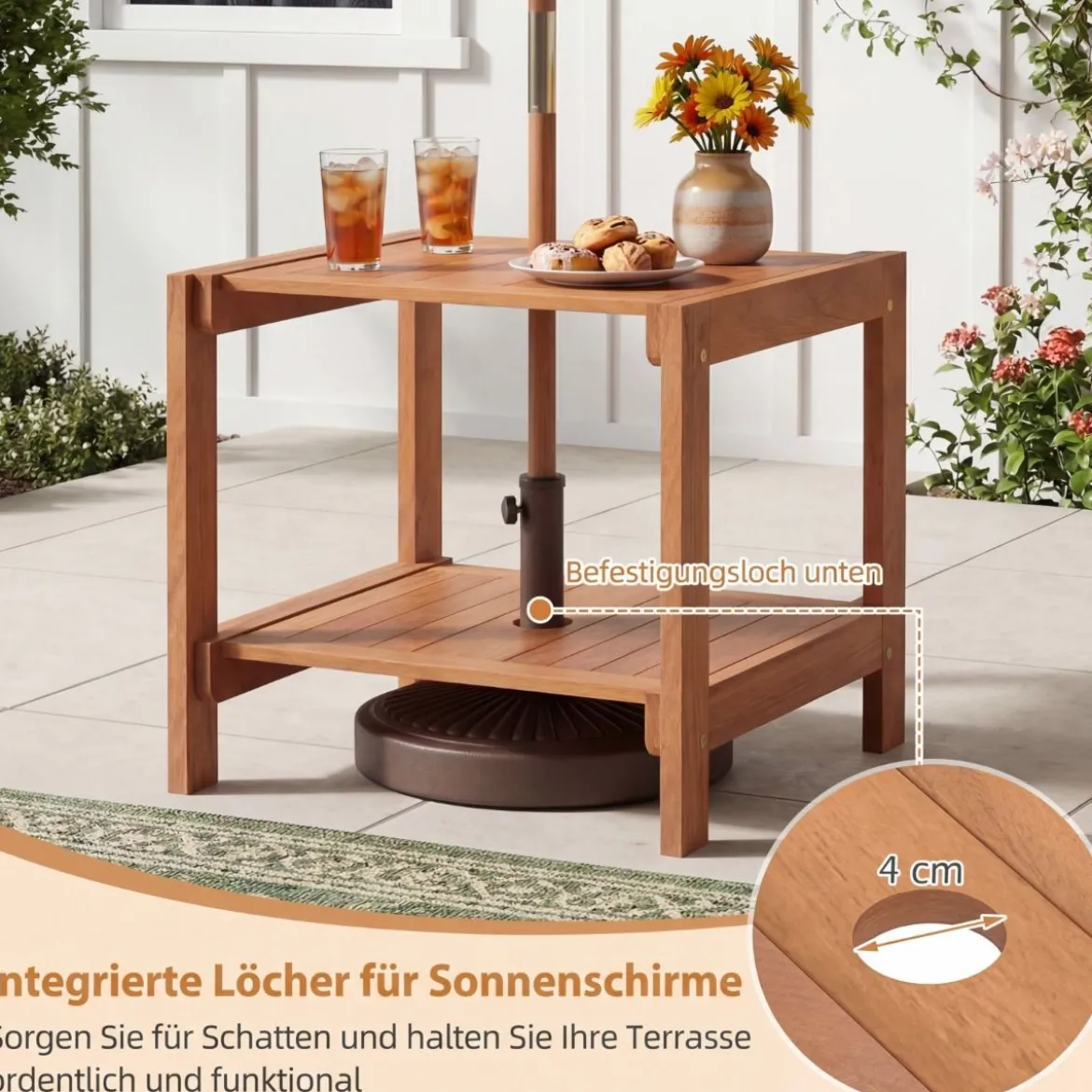 Holz Beistelltisch mit Schirmloch & Ablagefach Wetterfester Gartentisch Kleiner Balkontisch