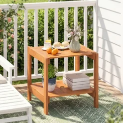 Holz Beistelltisch mit Schirmloch & Ablagefach Wetterfester Gartentisch Kleiner Balkontisch