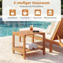 Holz Beistelltisch mit Schirmloch & Ablagefach Wetterfester Gartentisch Kleiner Balkontisch