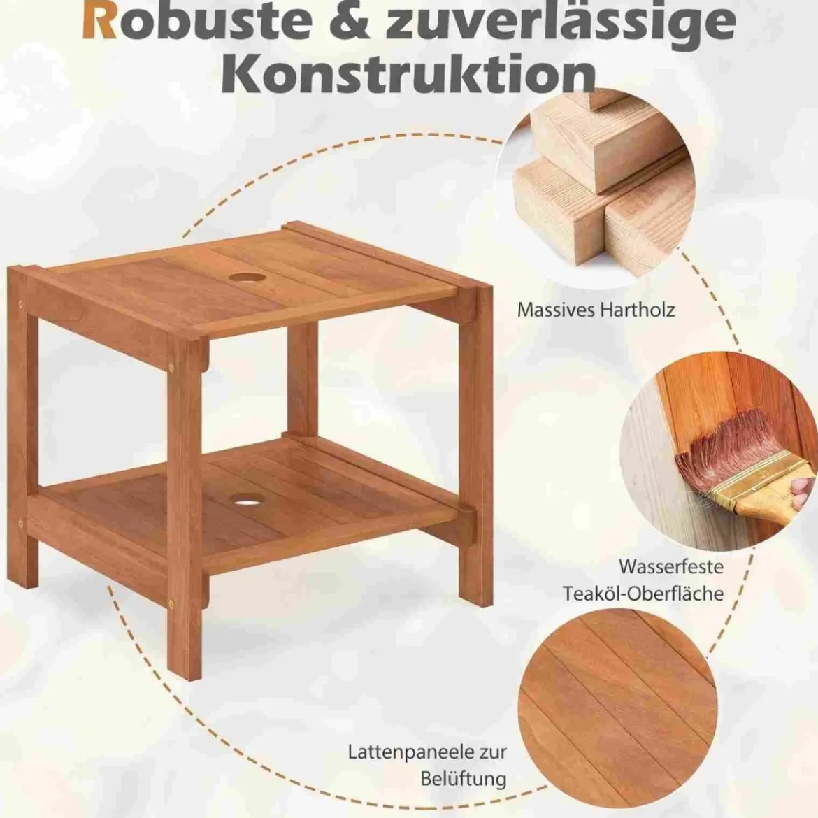 Holz Beistelltisch mit Schirmloch & Ablagefach Wetterfester Gartentisch Kleiner Balkontisch