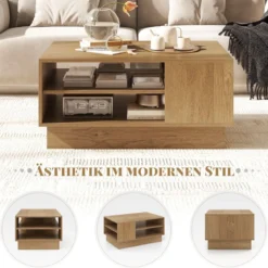 Holz Couchtisch mit Stauraum & Offenen Fächern Wohnzimmertisch Beistelltisch Sofatisch