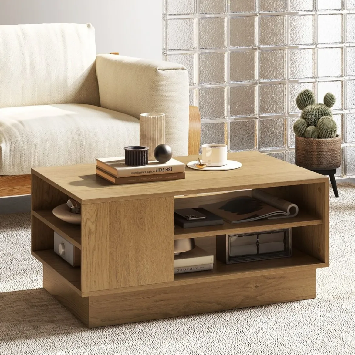 Holz Couchtisch mit Stauraum & Offenen Fächern Wohnzimmertisch Beistelltisch Sofatisch