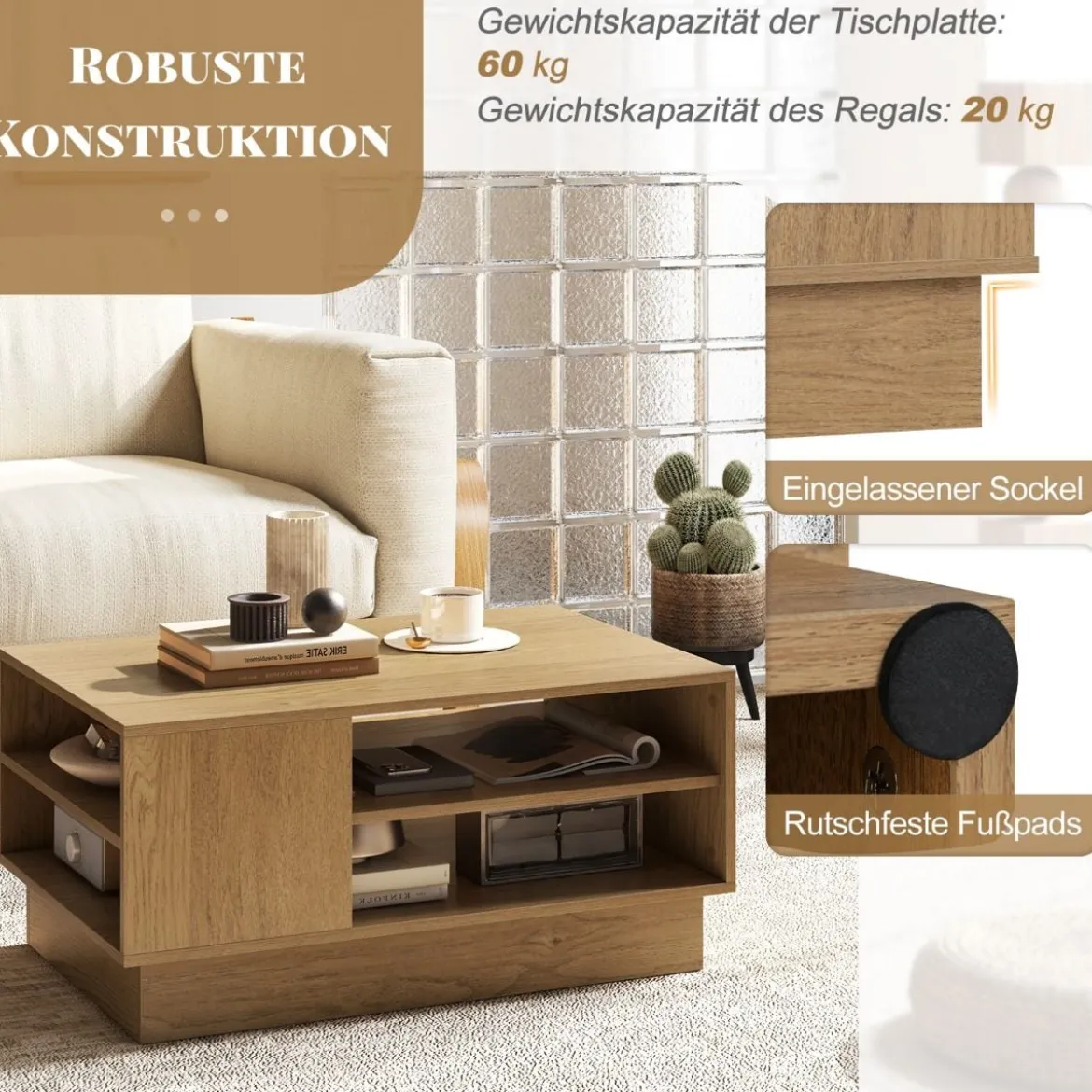 Holz Couchtisch mit Stauraum & Offenen Fächern Wohnzimmertisch Beistelltisch Sofatisch