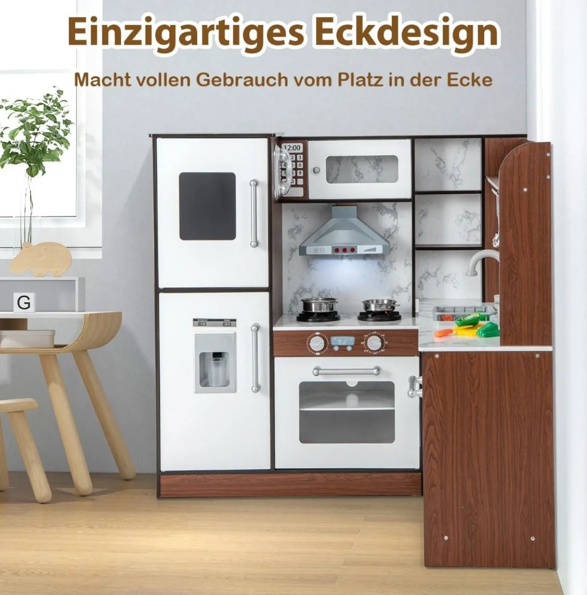 Holz Eck-Spielküche mit Lichtern & Geräuschen Spielküchen Kinder Holzküchenset Braun