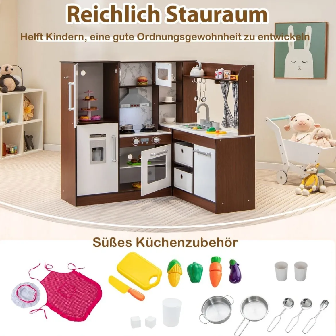 Holz Eck-Spielküche mit Lichtern & Geräuschen Spielküchen Kinder Holzküchenset Braun