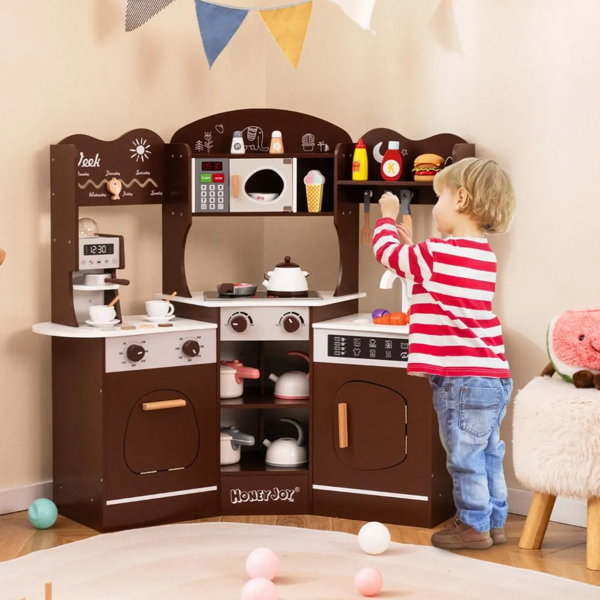 Holz Eck Spielküche mit Sound & Licht & Kaffeemaschine & Rutsche Kleinkind Küchen Spielset