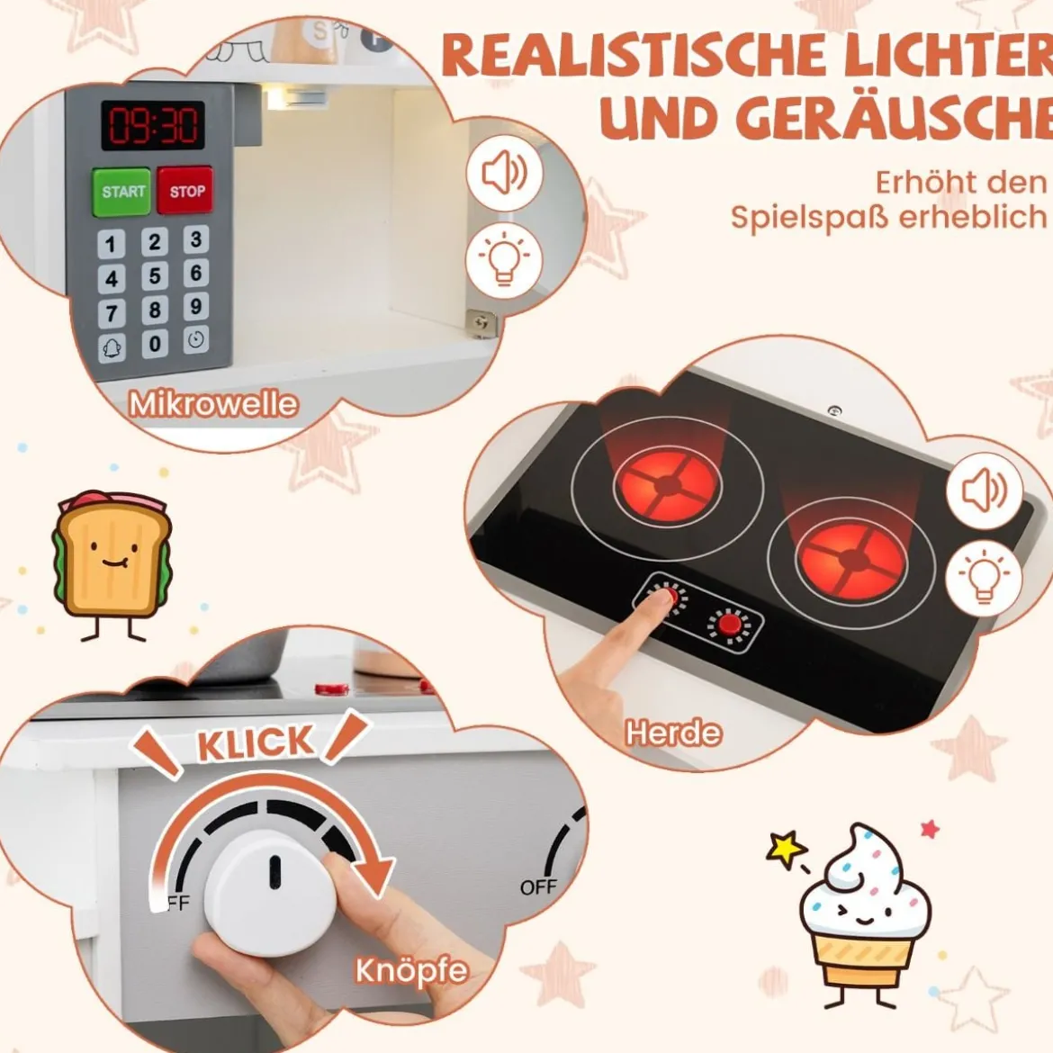 Holz Eck Spielküche mit Sound & Licht & Kaffeemaschine & Rutsche Kleinkind Küchen Spielset