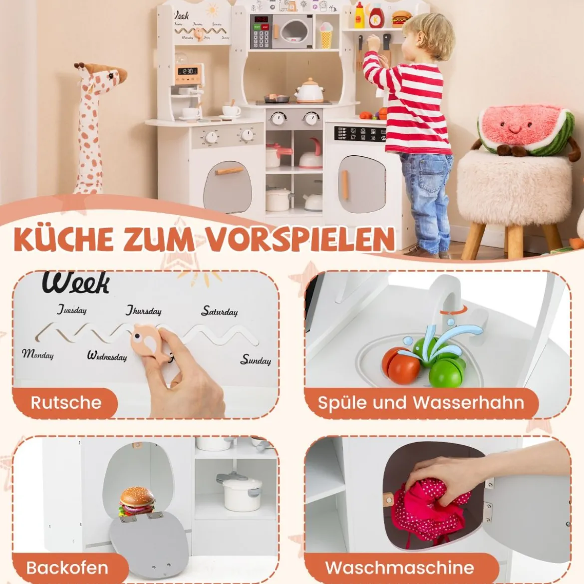 Holz Eck Spielküche mit Sound & Licht & Kaffeemaschine & Rutsche Kleinkind Küchen Spielset