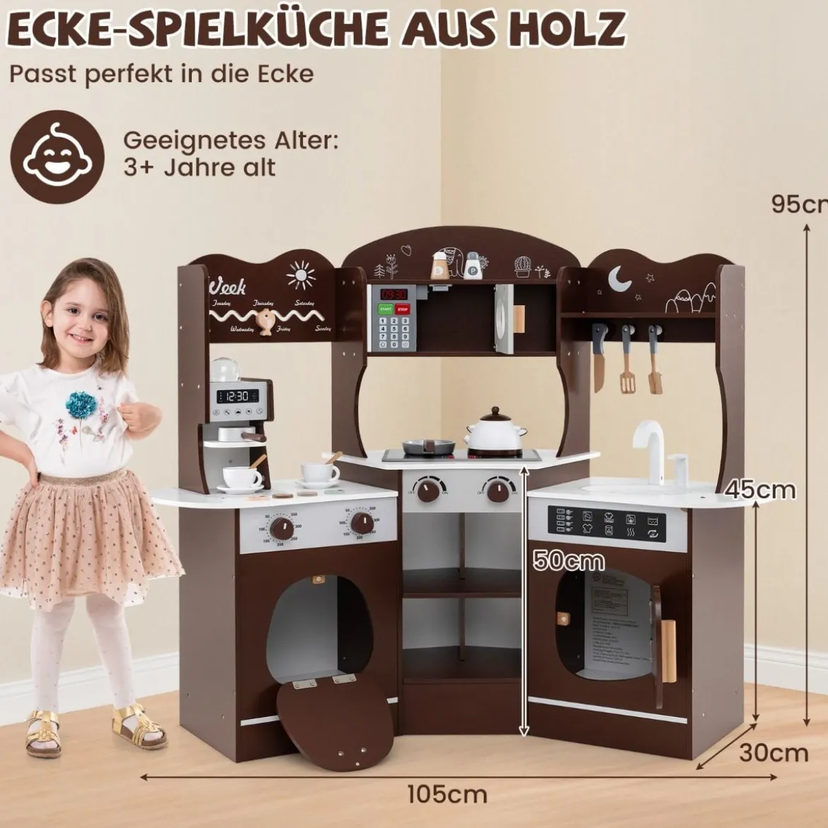 Holz Eck Spielküche mit Sound & Licht & Kaffeemaschine & Rutsche Kleinkind Küchen Spielset