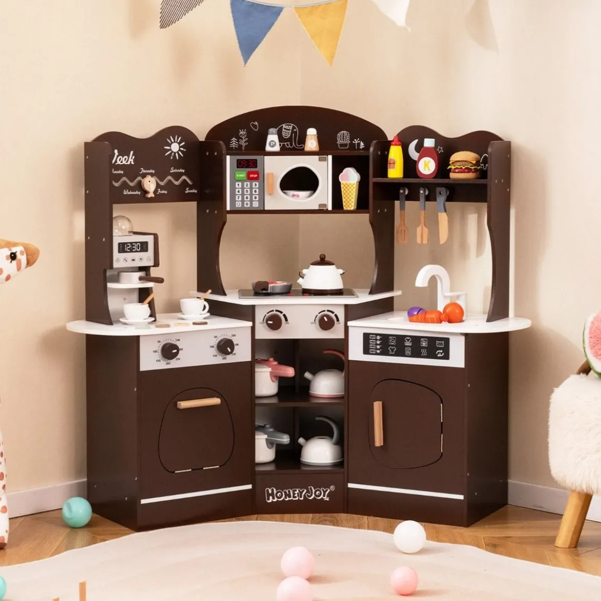 Holz Eck Spielküche mit Sound & Licht & Kaffeemaschine & Rutsche Kleinkind Küchen Spielset