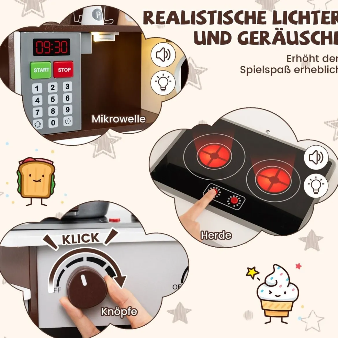 Holz Eck Spielküche mit Sound & Licht & Kaffeemaschine & Rutsche Kleinkind Küchen Spielset