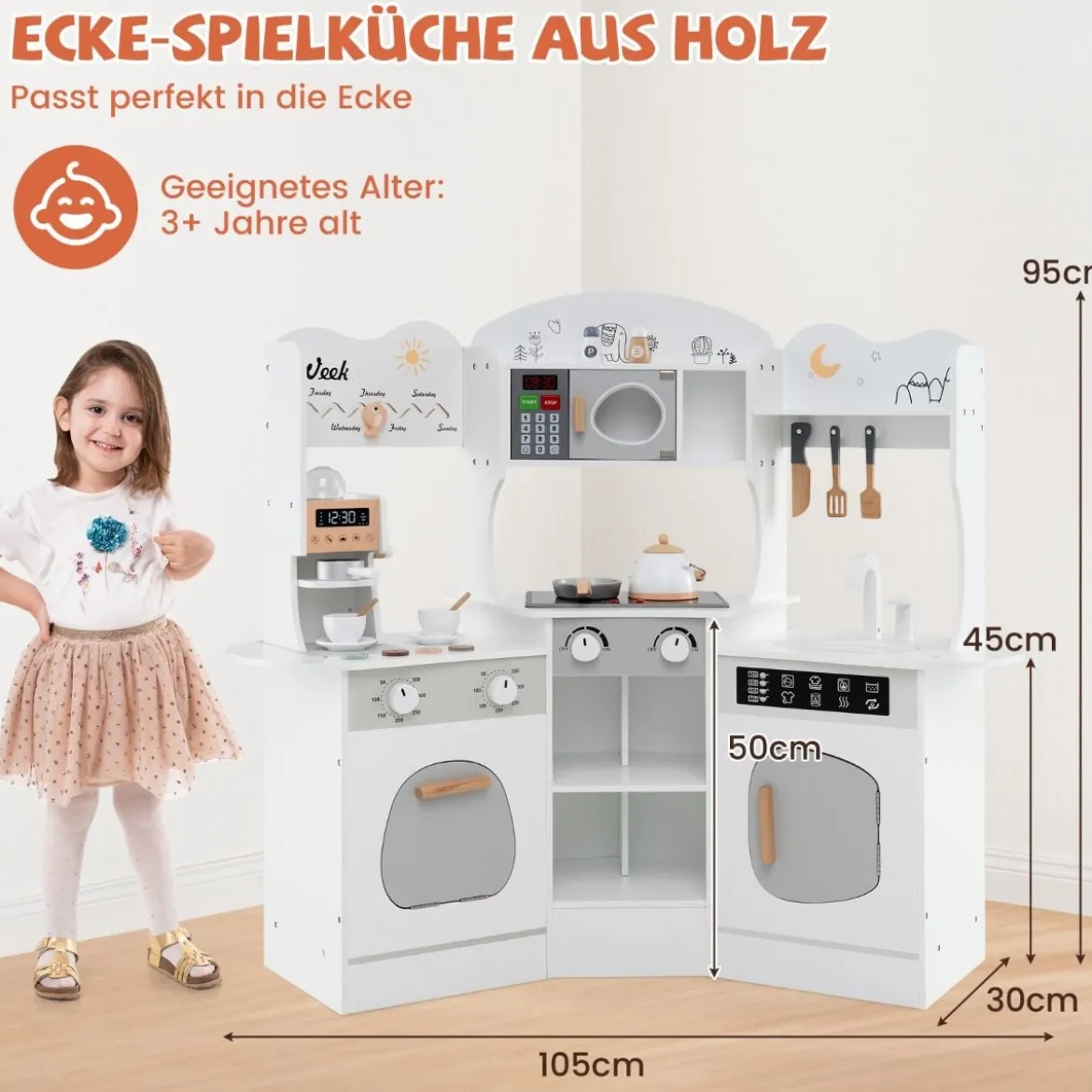 Holz Eck Spielküche mit Sound & Licht & Kaffeemaschine & Rutsche Kleinkind Küchen Spielset