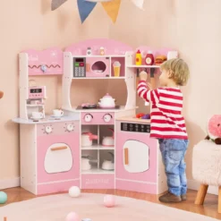 Holz Eck Spielküche mit Sound & Licht & Kaffeemaschine & Rutsche Kleinkind Küchen Spielset