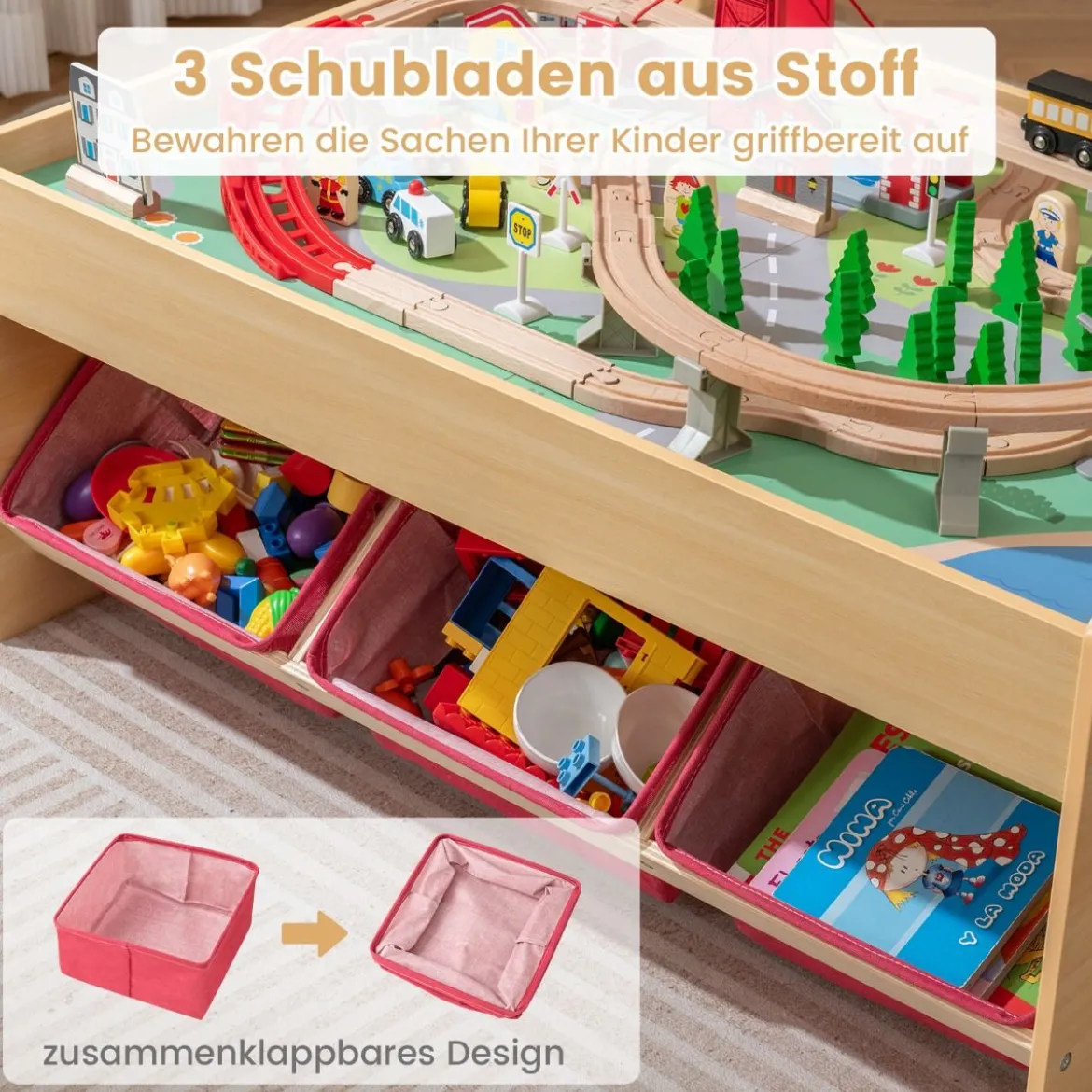 Holzeisenbahn-Set Tisch multifunktionaler Aktivitätentisch für Kinder mit 2 wendbaren Tischplatten Bunt