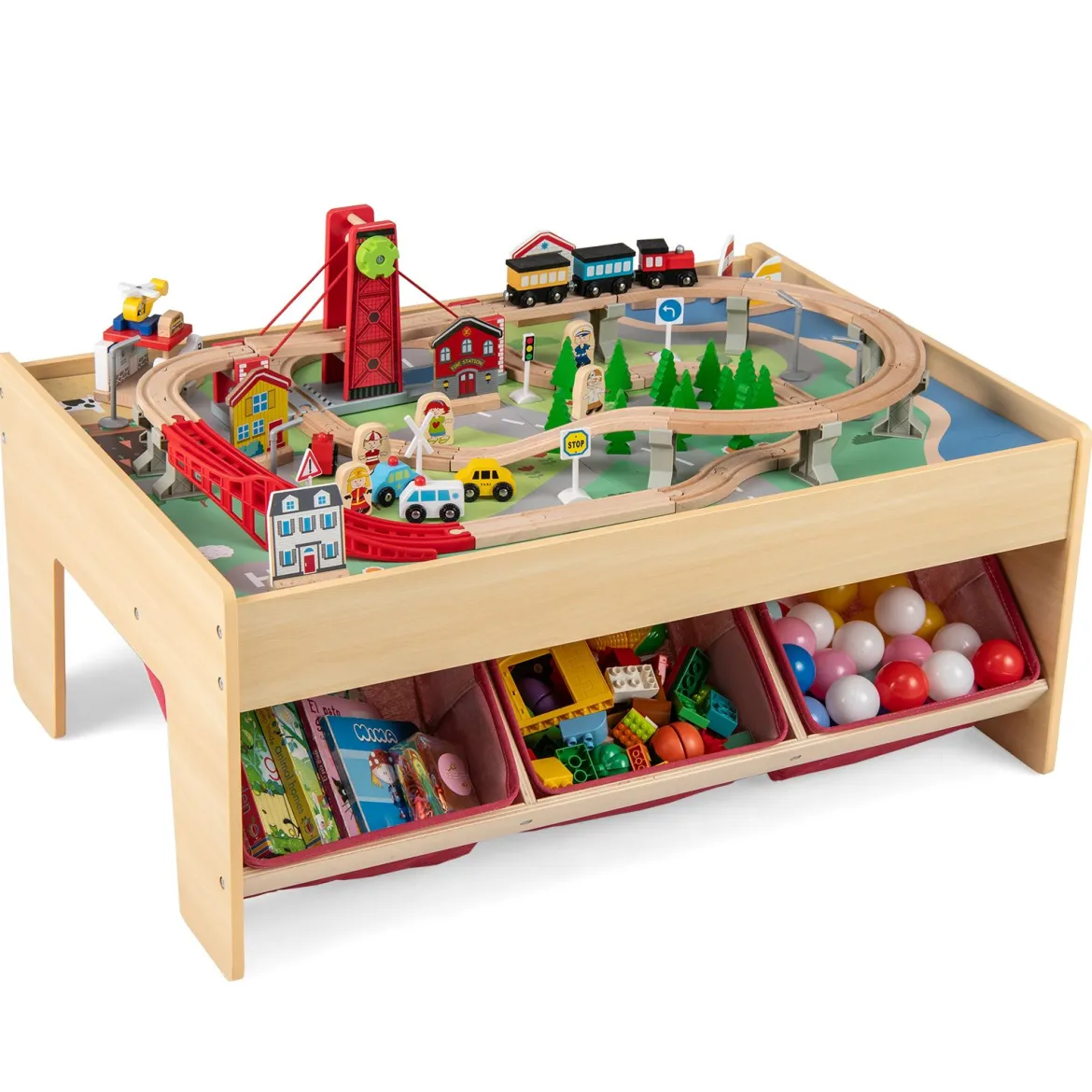 Holzeisenbahn-Set Tisch multifunktionaler Aktivitätentisch für Kinder mit 2 wendbaren Tischplatten Bunt
