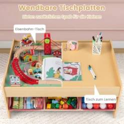 Holzeisenbahn-Set Tisch multifunktionaler Aktivitätentisch für Kinder mit 2 wendbaren Tischplatten Bunt