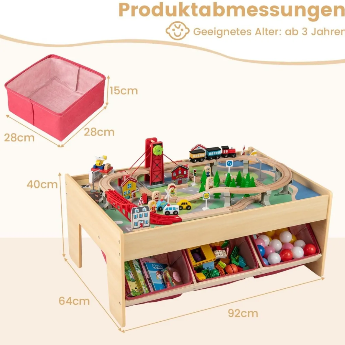 Holzeisenbahn-Set Tisch multifunktionaler Aktivitätentisch für Kinder mit 2 wendbaren Tischplatten Bunt