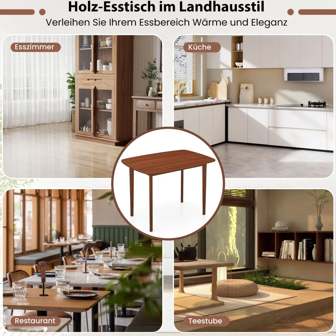 Holzesstisch für 2-4 Personen Rechteckiger Küchentisch mit Gummiholz Beinen Robuster Holztisch
