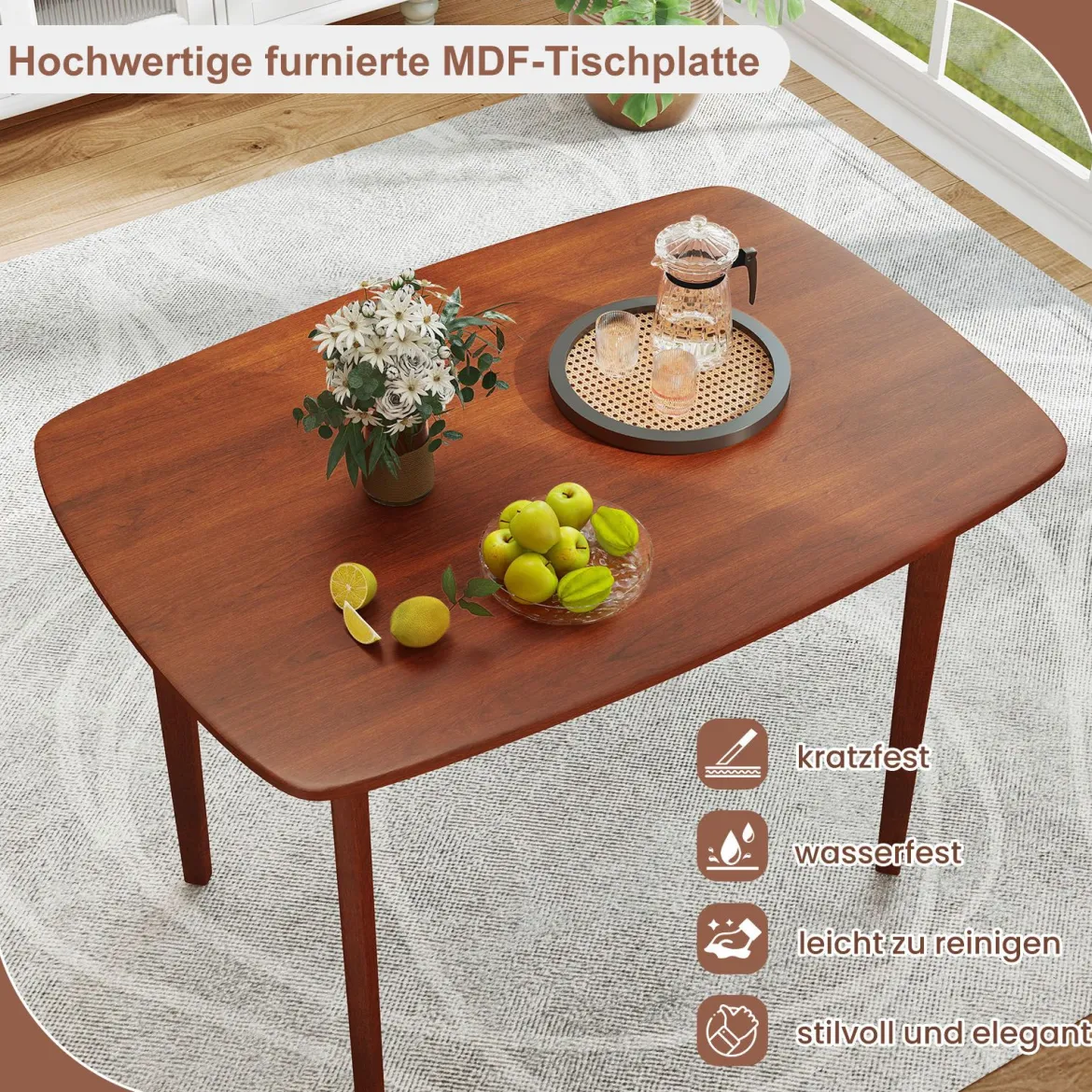 Holzesstisch für 2-4 Personen Rechteckiger Küchentisch mit Gummiholz Beinen Robuster Holztisch