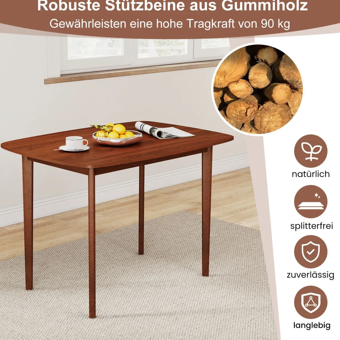 Holzesstisch für 2-4 Personen Rechteckiger Küchentisch mit Gummiholz Beinen Robuster Holztisch