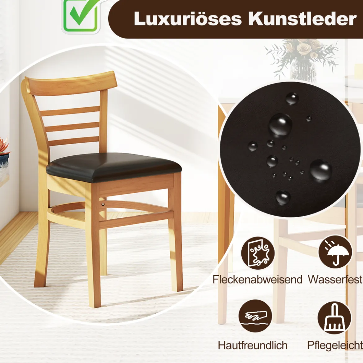 Holz-Esstischstuhlset 2 Kunstleder gepolsterte küchenstühle ohne Armlehnen mit Gummibaumholzbeinen Natur
