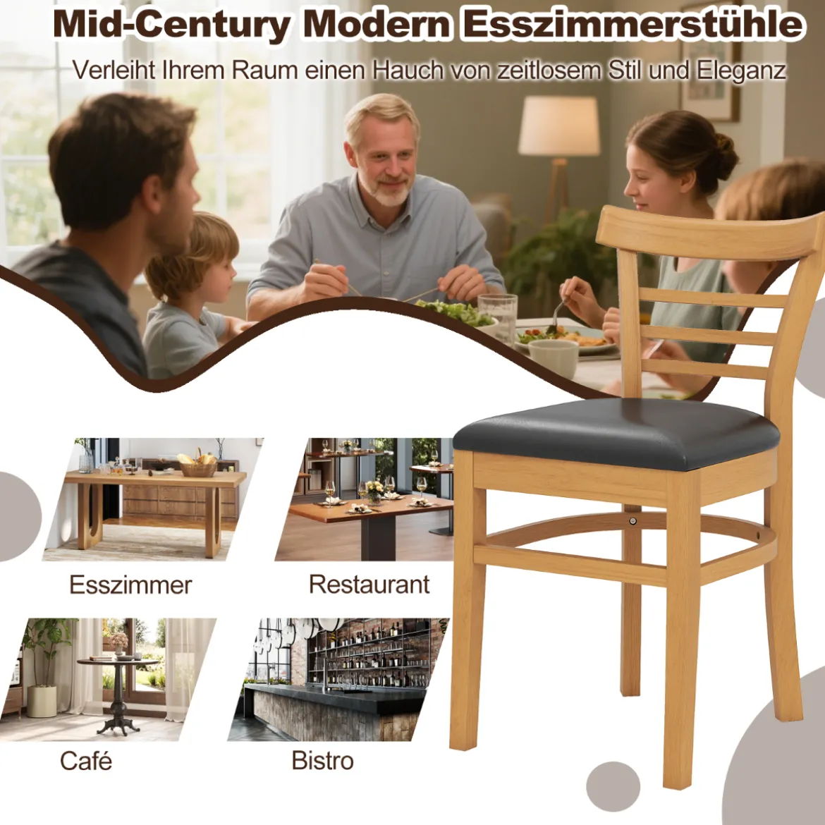 Holz-Esstischstuhlset 2 Kunstleder gepolsterte küchenstühle ohne Armlehnen mit Gummibaumholzbeinen Natur