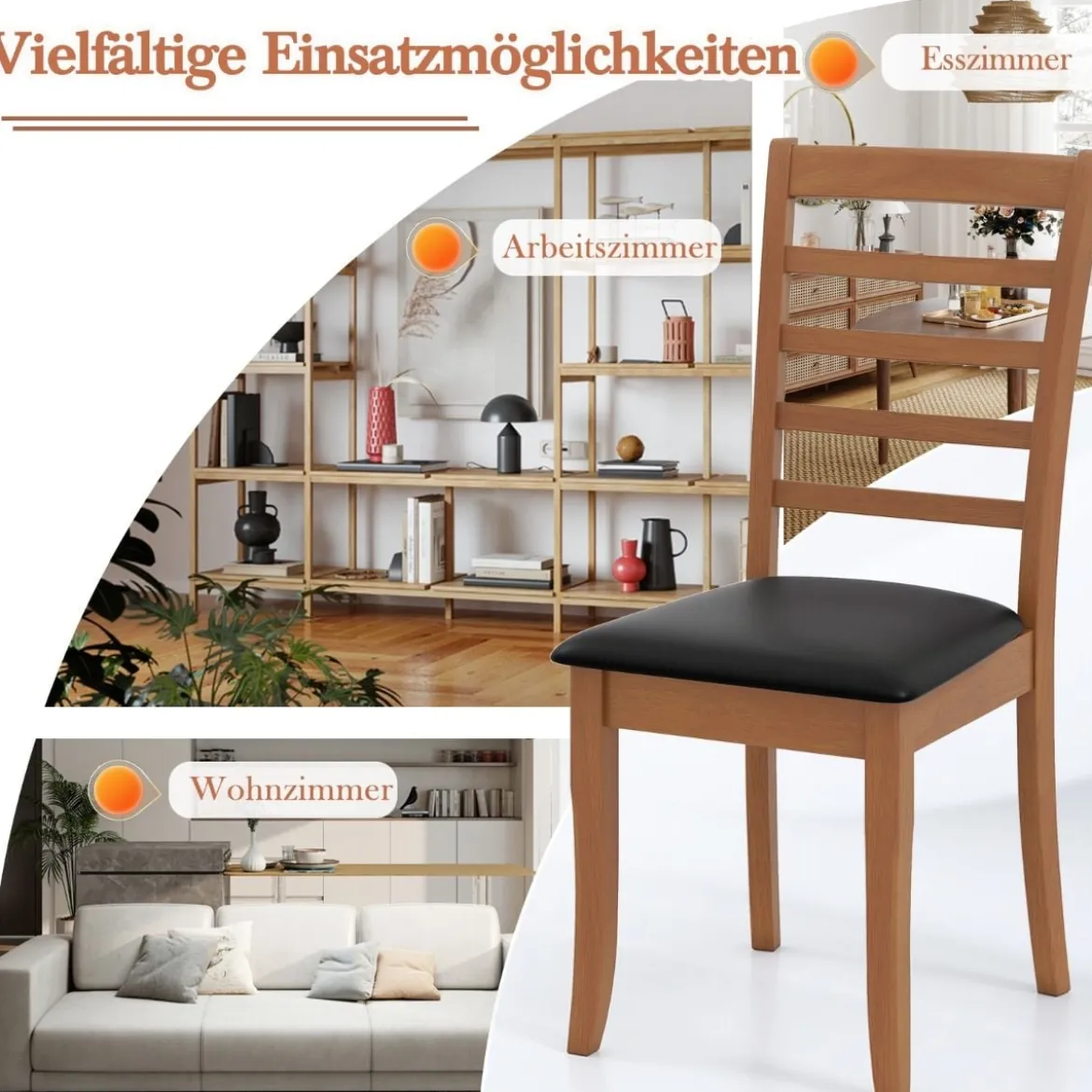 Holz-Esszimmerstuhl-Set aus 2 modern gepolsterter Küchenstuhl mit Gummibaumholz-Beinen Schwarz