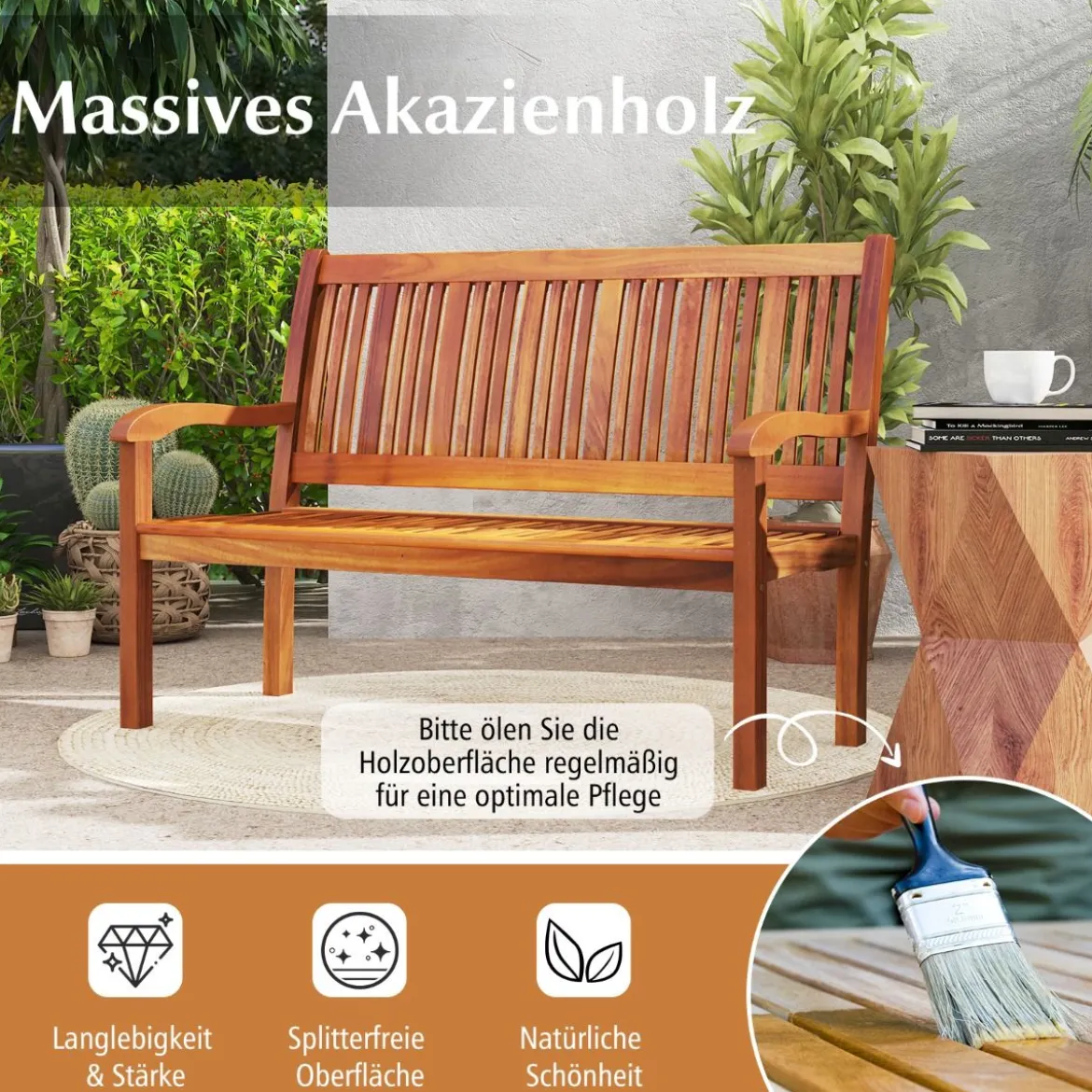 Holz Gartenbank für 2-3 Sitzer Holzbank bis 320 kg Belastbar Sitzbank Parkbank 126 x 63 x 91 cm