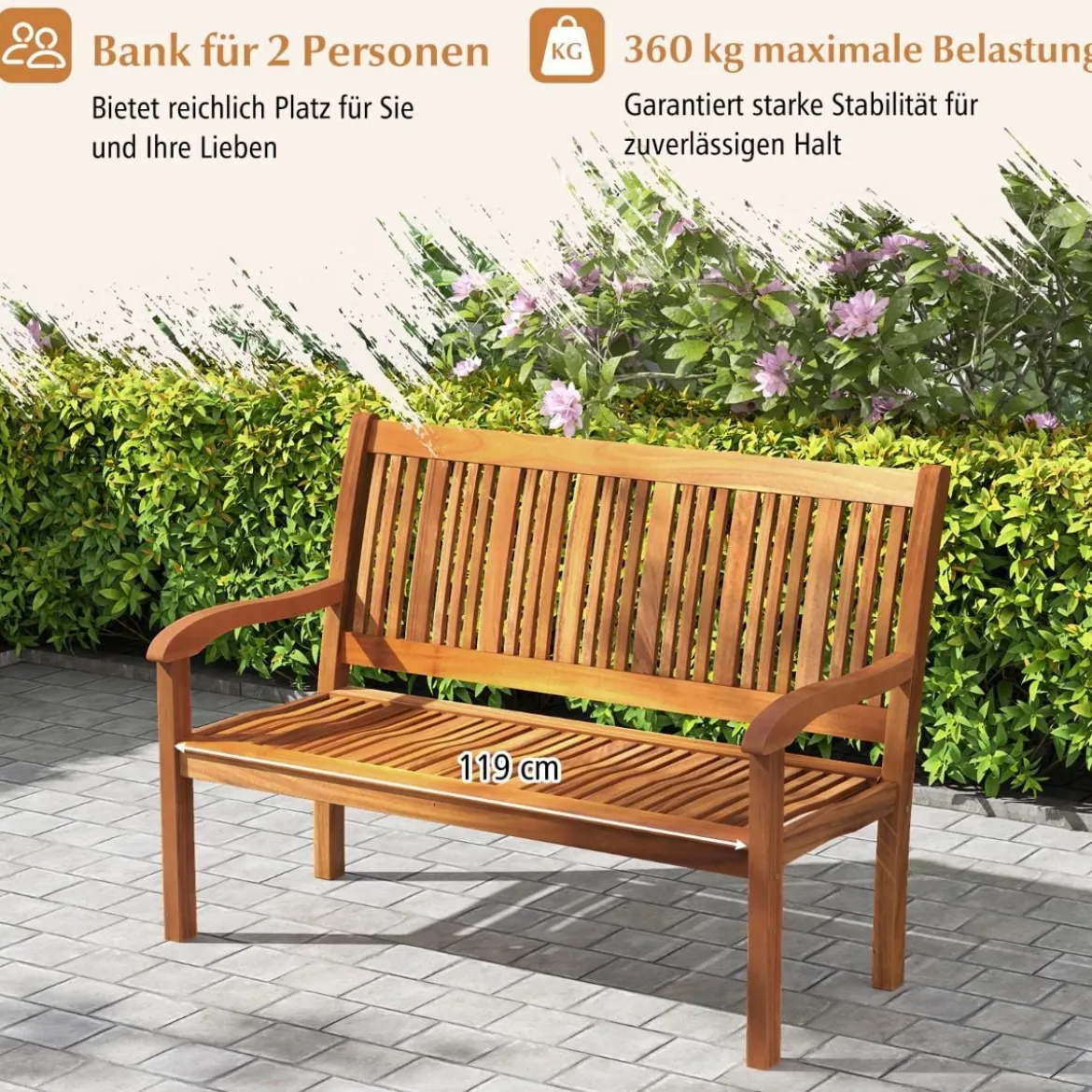 Holz Gartenbank für 2-3 Sitzer Holzbank bis 320 kg Belastbar Sitzbank Parkbank 126 x 63 x 91 cm