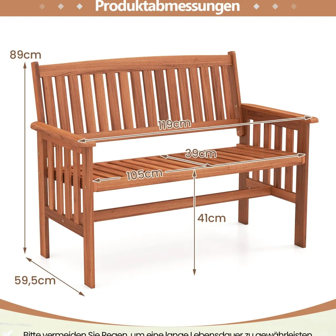Holz Gartenbank mit Armlehnen 2-Sitzer Sitzbank Wetterfeste Balkonbank Terrassenbank Natur