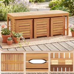 Holz Gartenbank mit 3 Aufbewahrungsboxen 2-Sitzer Balkonbank ohne Lehne Holzbank