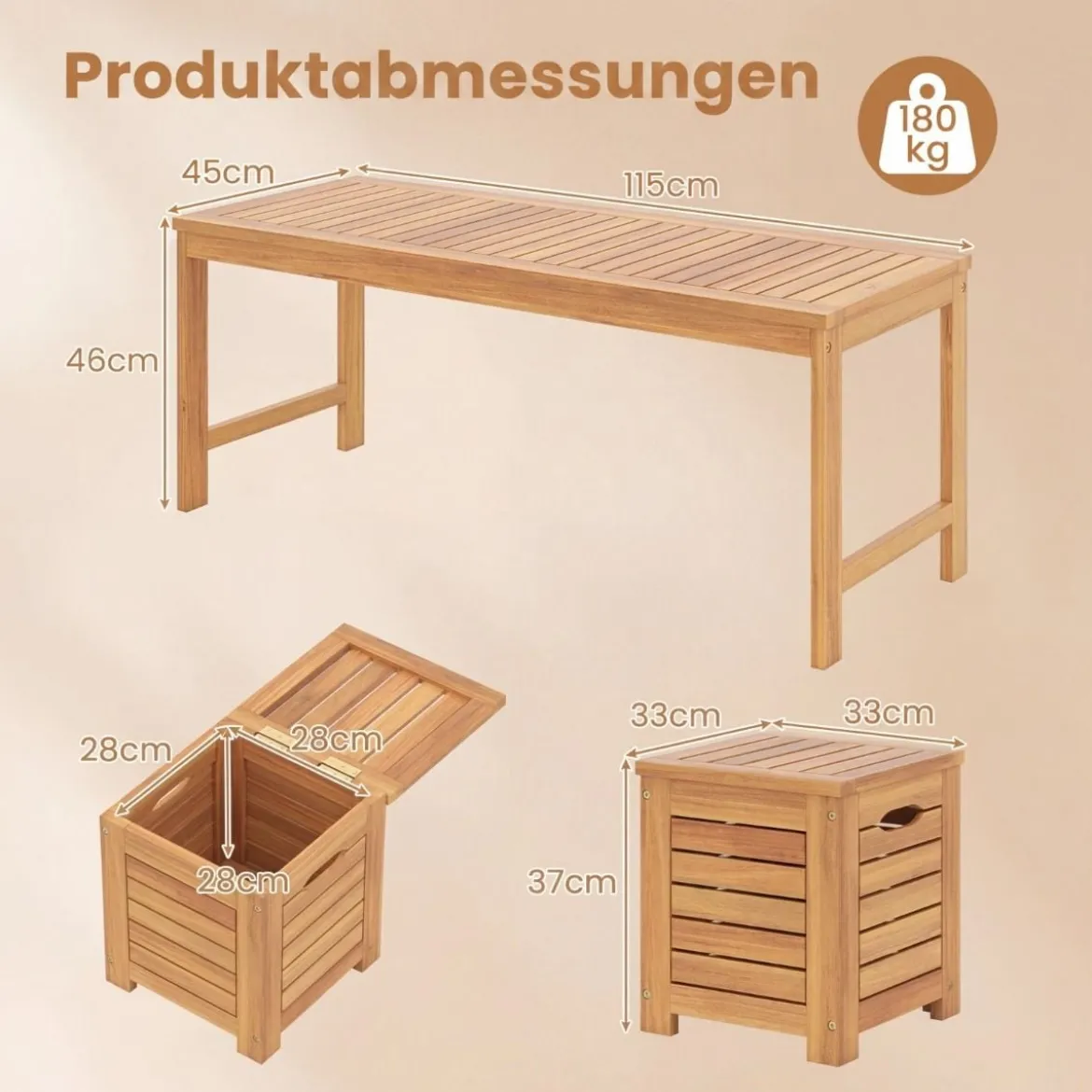 Holz Gartenbank mit 3 Aufbewahrungsboxen 2-Sitzer Balkonbank ohne Lehne Holzbank