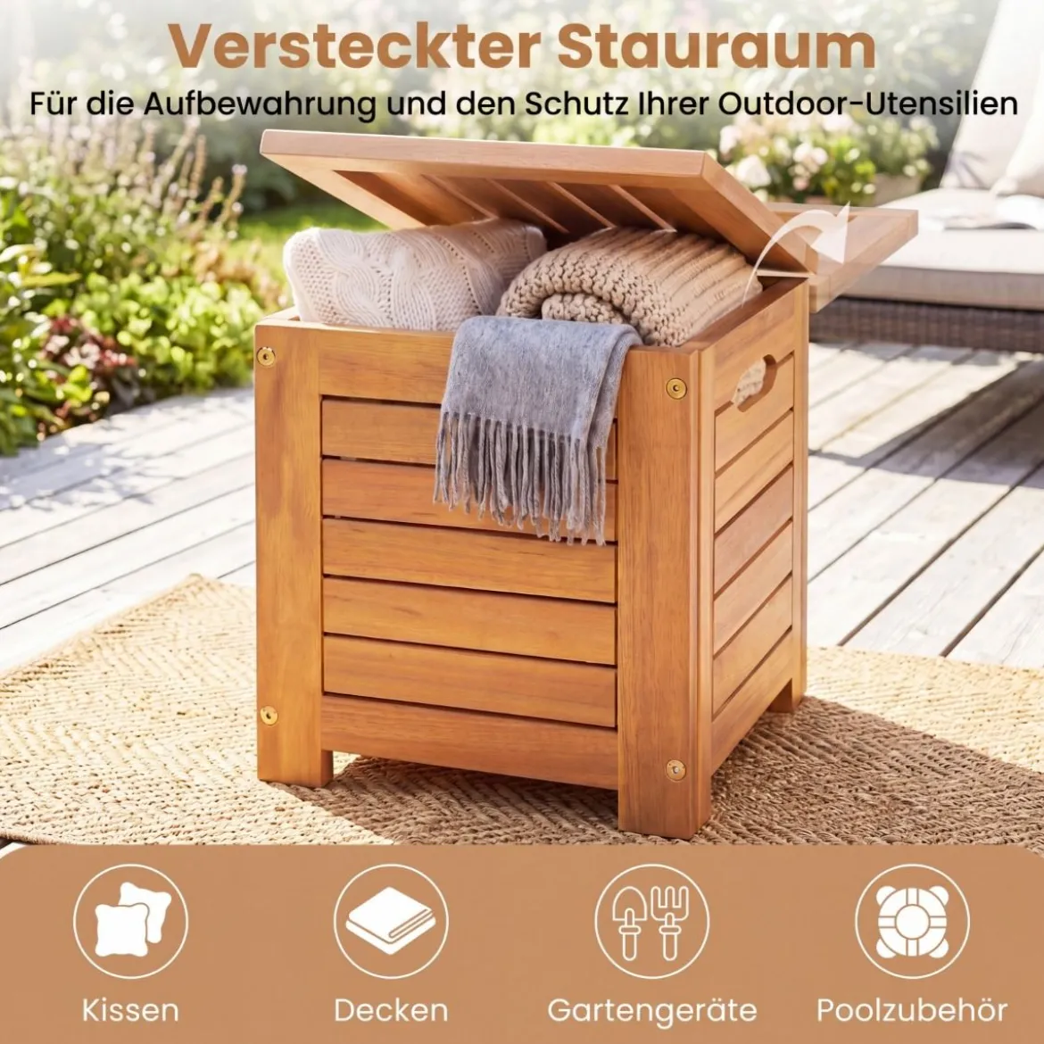 Holz Gartenbank mit 3 Aufbewahrungsboxen 2-Sitzer Balkonbank ohne Lehne Holzbank